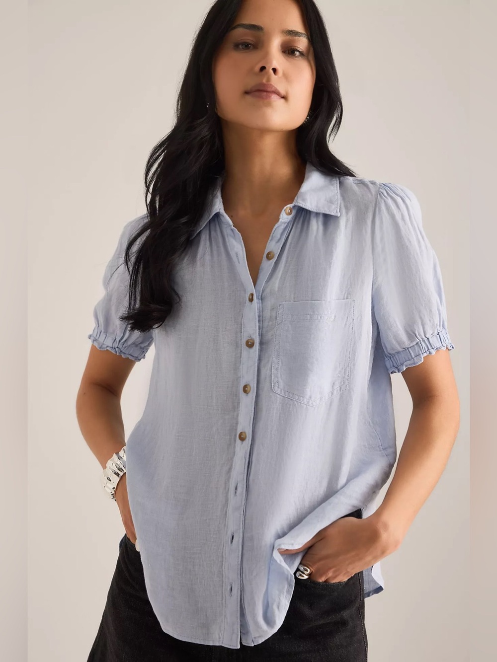 Pilcro Pale Blue Puff-Sleeve Button Blouse